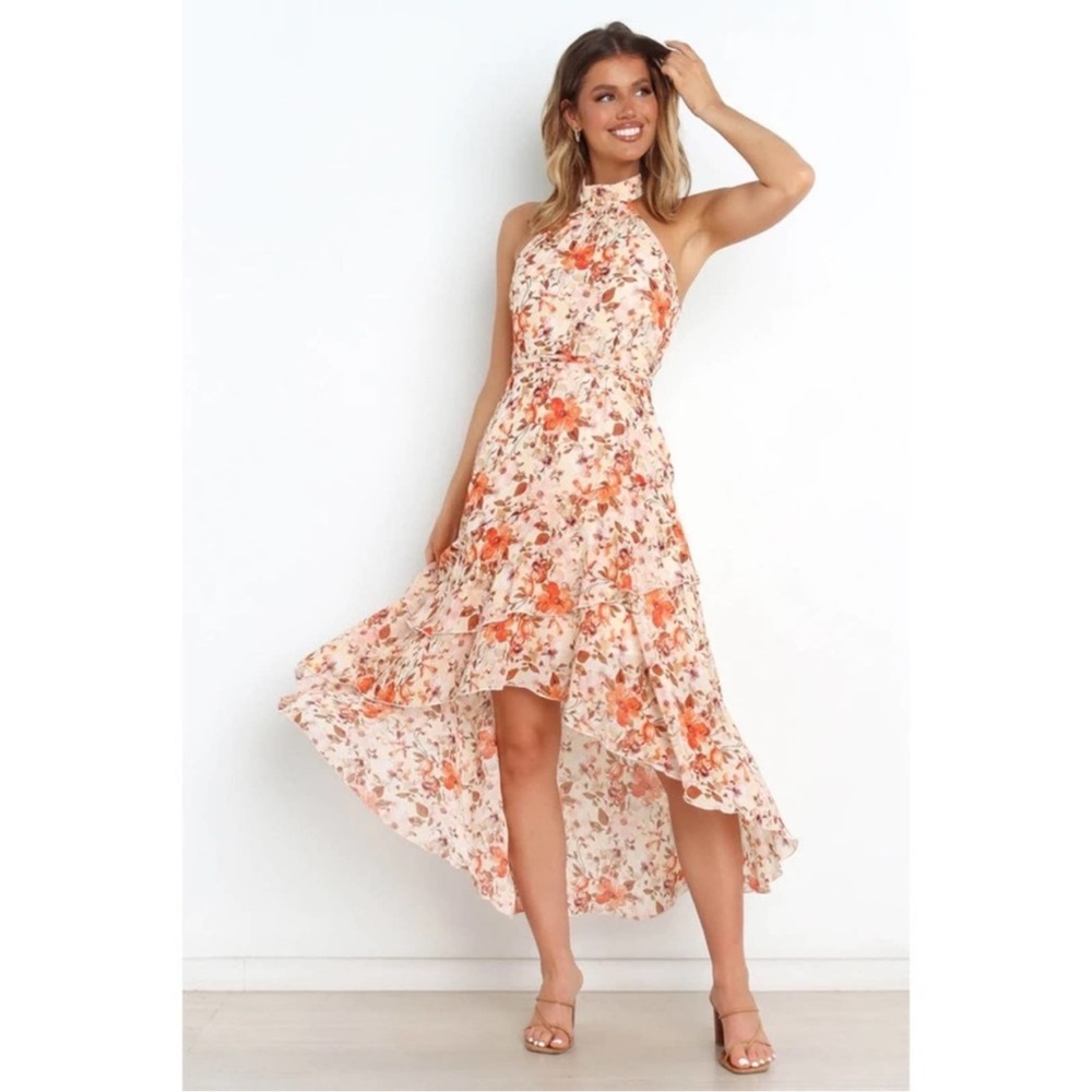 Petal & Pup Hallie Floral Orange Beige Ruffle Midi Dress